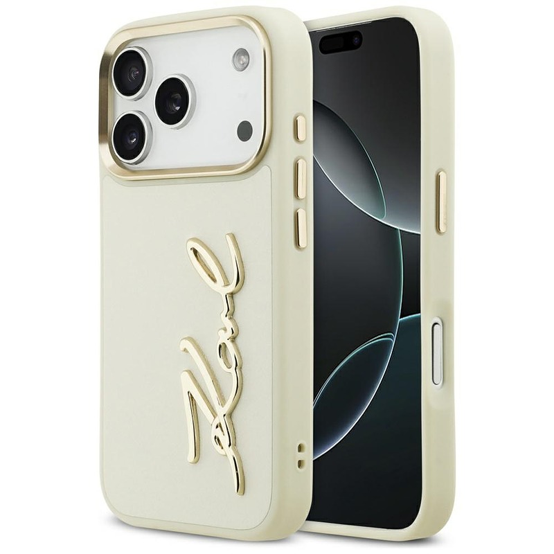 Karl Lagerfeld case PU leather case with Karl script logo and metal camera buttons for iPhone 17 Pro beige
