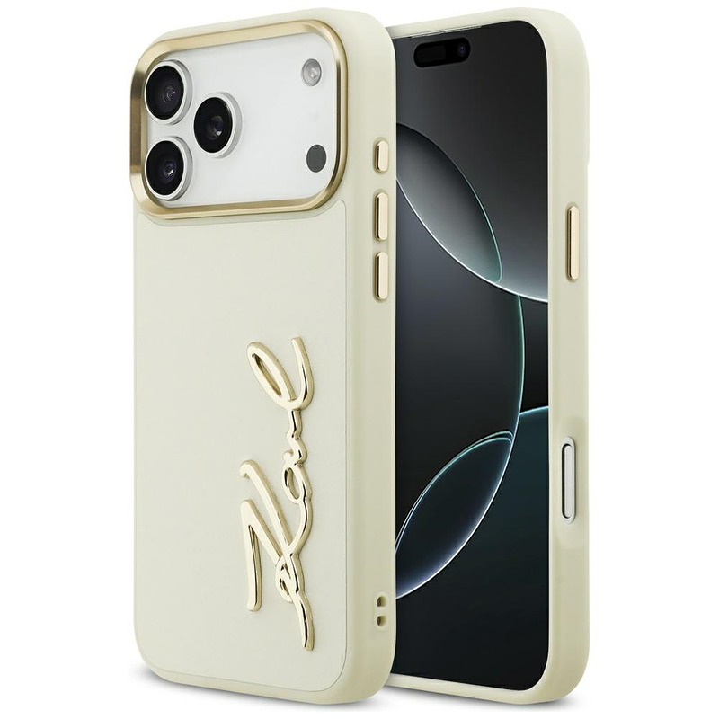 Karl Lagerfeld case PU leather case with Karl script logo and metal camera buttons for iPhone 17 Pro Max beige
