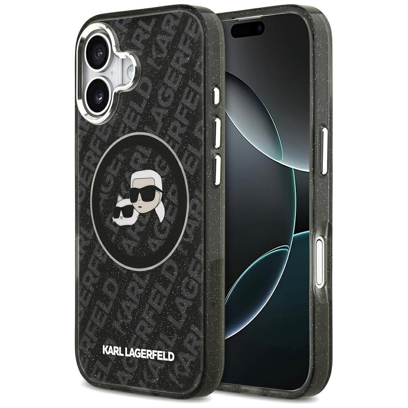 Karl Lagerfeld case Magsafe IML glitter case metal camera frame and buttons Karl and Choupette heads on KL repeated logo for iPhone 17 black
