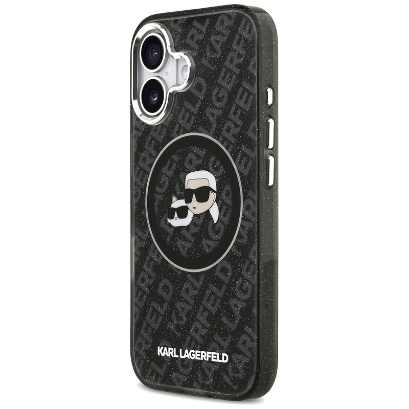 Karl Lagerfeld case Magsafe IML glitter case metal camera frame and buttons Karl and Choupette heads on KL repeated logo for iPhone 17 black - Billede 2