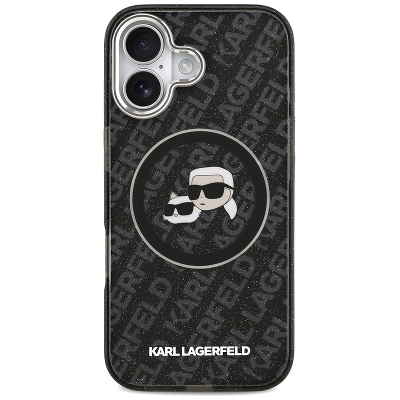 Karl Lagerfeld case Magsafe IML glitter case metal camera frame and buttons Karl and Choupette heads on KL repeated logo for iPhone 17 black - Billede 3