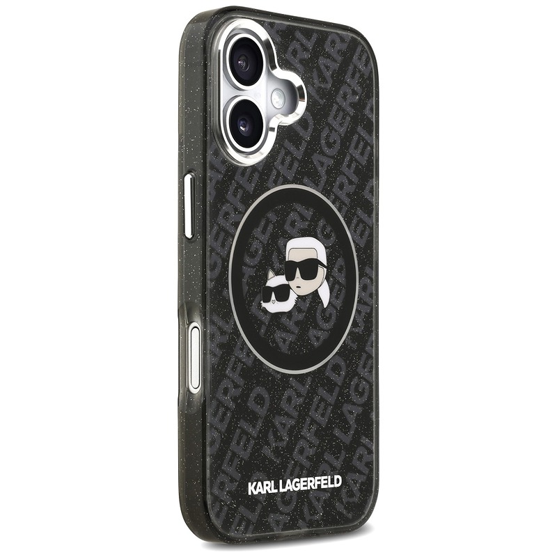 Karl Lagerfeld case Magsafe IML glitter case metal camera frame and buttons Karl and Choupette heads on KL repeated logo for iPhone 17 black - Billede 4