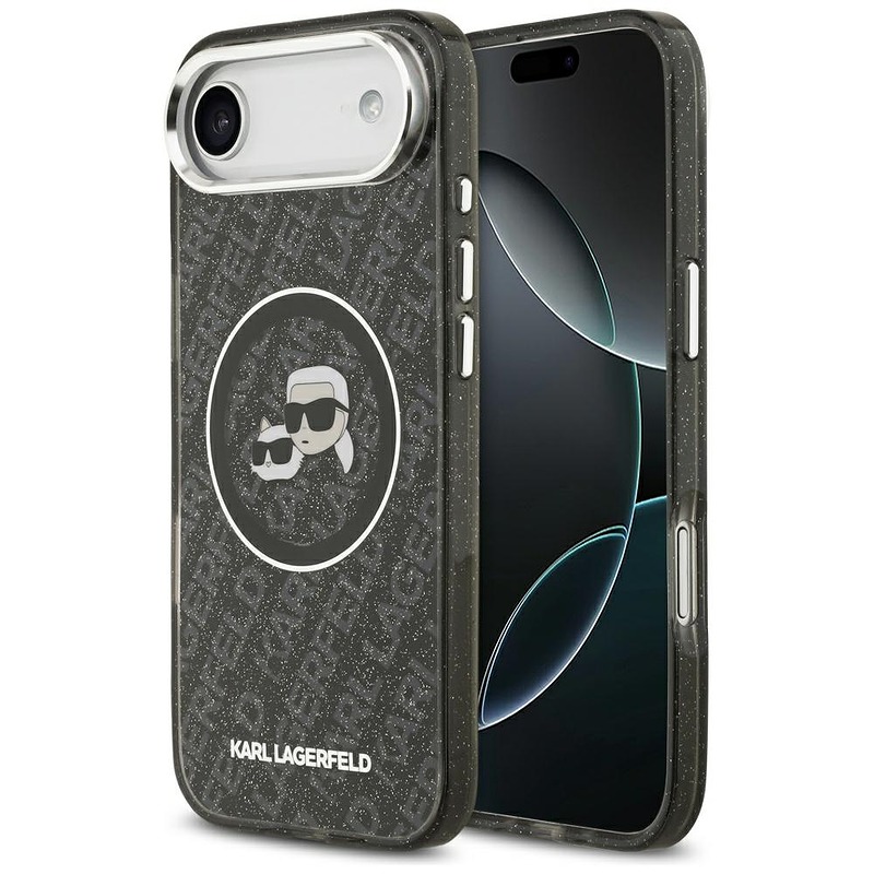 Karl Lagerfeld case Magsafe IML glitter case metal camera frame and buttons Karl and Choupette heads on KL repeated logo for iPhone 17 Air black