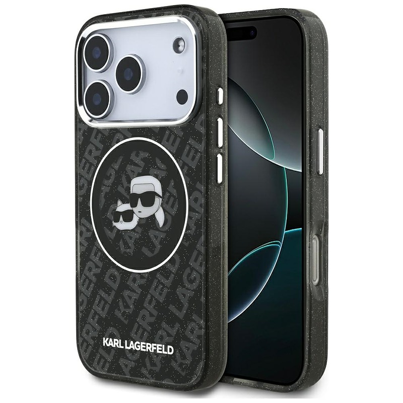 Karl Lagerfeld case Magsafe IML glitter case metal camera frame and buttons Karl and Choupette heads on KL repeated logo for iPhone 17 Pro black