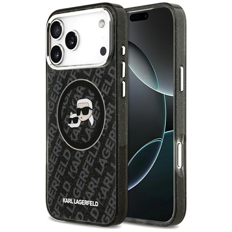 Karl Lagerfeld case Magsafe IML glitter case metal camera frame and buttons Karl and Choupette heads on KL repeated logo for iPhone 17 Pro Max black