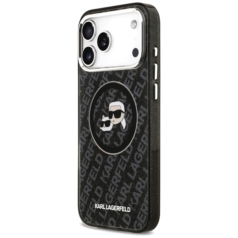 Karl Lagerfeld case Magsafe IML glitter case metal camera frame and buttons Karl and Choupette heads on KL repeated logo for iPhone 17 Pro Max black - Billede 2