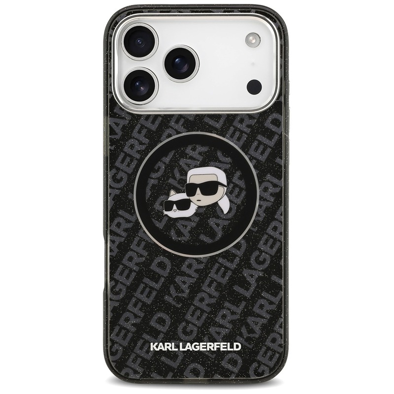 Karl Lagerfeld case Magsafe IML glitter case metal camera frame and buttons Karl and Choupette heads on KL repeated logo for iPhone 17 Pro Max black - Billede 3