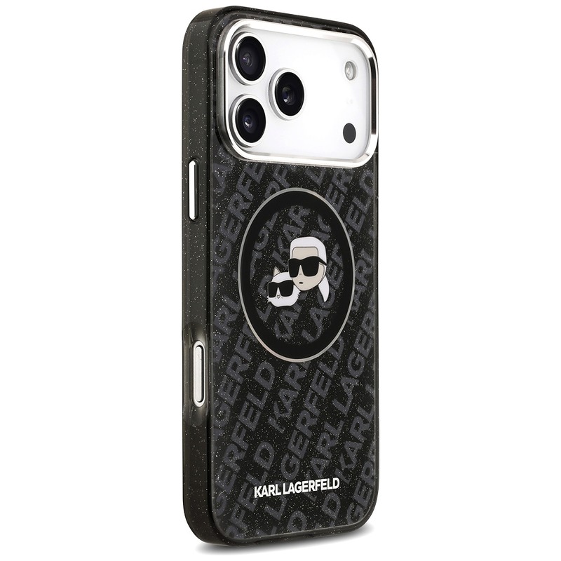 Karl Lagerfeld case Magsafe IML glitter case metal camera frame and buttons Karl and Choupette heads on KL repeated logo for iPhone 17 Pro Max black - Billede 4