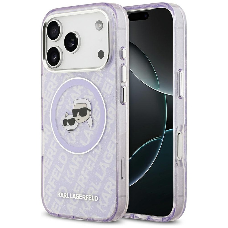 Karl Lagerfeld case Magsafe IML glitter case metal camera frame and buttons Karl and Choupette heads on KL repeated logo for iPhone 17 Pro purple