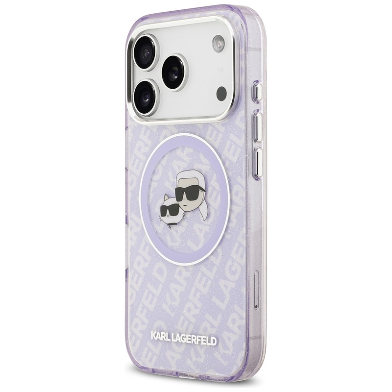 Karl Lagerfeld case Magsafe IML glitter case metal camera frame and buttons Karl and Choupette heads on KL repeated logo for iPhone 17 Pro Max purple - Billede 2