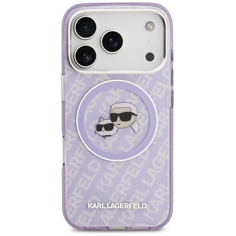 Karl Lagerfeld case Magsafe IML glitter case metal camera frame and buttons Karl and Choupette heads on KL repeated logo for iPhone 17 Pro Max purple - Billede 3