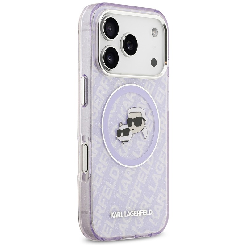 Karl Lagerfeld case Magsafe IML glitter case metal camera frame and buttons Karl and Choupette heads on KL repeated logo for iPhone 17 Pro Max purple - Billede 4