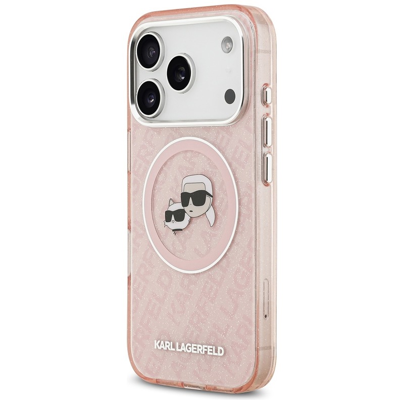 Karl Lagerfeld case Magsafe IML glitter case metal camera frame and buttons Karl and Choupette heads on KL repeated logo for iPhone 17 Pro pink - Billede 2