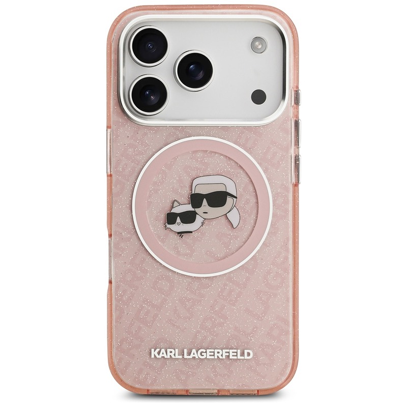 Karl Lagerfeld case Magsafe IML glitter case metal camera frame and buttons Karl and Choupette heads on KL repeated logo for iPhone 17 Pro pink - Billede 3