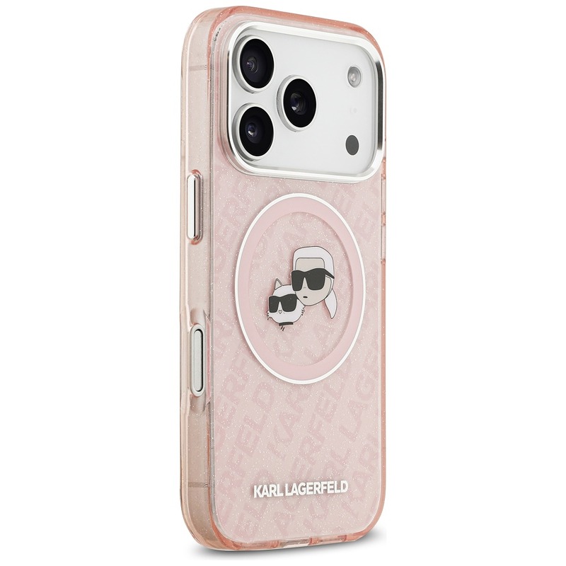 Karl Lagerfeld case Magsafe IML glitter case metal camera frame and buttons Karl and Choupette heads on KL repeated logo for iPhone 17 Pro pink - Billede 4