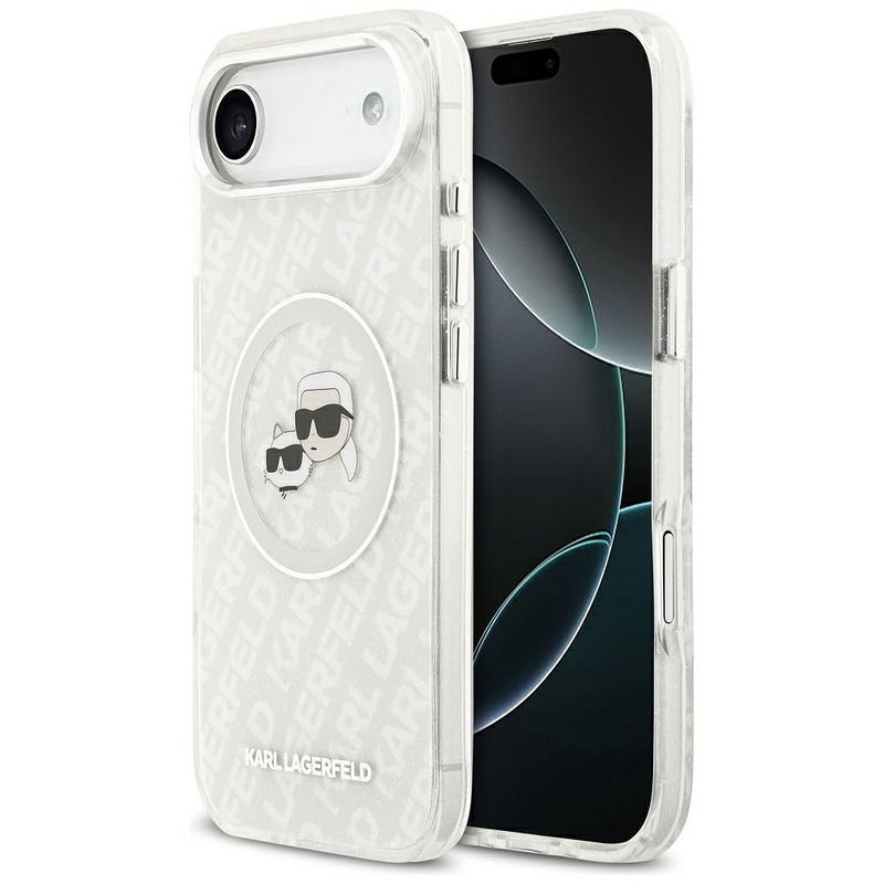 Karl Lagerfeld case Magsafe IML glitter case metal camera frame and buttons Karl and Choupette heads on KL repeated logo for iPhone 17 Air grey