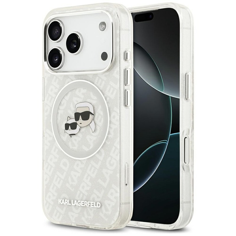 Karl Lagerfeld case Magsafe IML glitter case metal camera frame and buttons Karl and Choupette heads on KL repeated logo for iPhone 17 Pro grey
