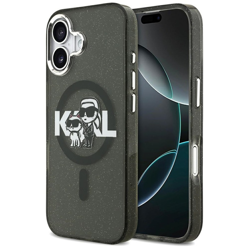 Karl Lagerfeld case Magsafe IML glitter case metal camera frame and buttons Karl and Choupette sketch logo for iPhone 17 black