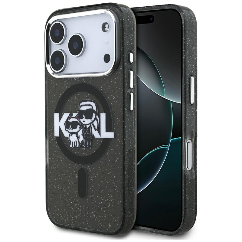 Karl Lagerfeld case Magsafe IML glitter case metal camera frame and buttons Karl and Choupette sketch logo for iPhone 17 Pro black