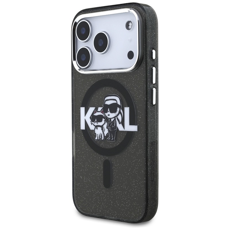 Karl Lagerfeld case Magsafe IML glitter case metal camera frame and buttons Karl and Choupette sketch logo for iPhone 17 Pro black - Billede 2