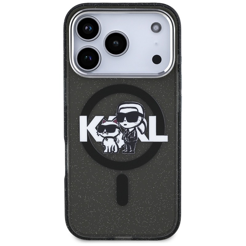 Karl Lagerfeld case Magsafe IML glitter case metal camera frame and buttons Karl and Choupette sketch logo for iPhone 17 Pro black - Billede 3