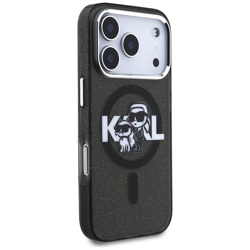 Karl Lagerfeld case Magsafe IML glitter case metal camera frame and buttons Karl and Choupette sketch logo for iPhone 17 Pro black - Billede 4