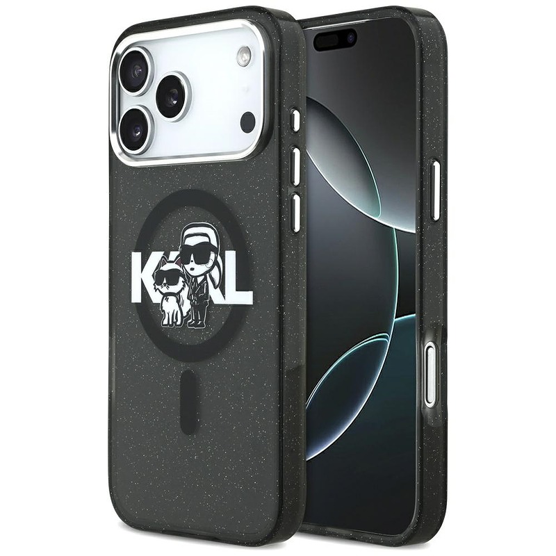 Karl Lagerfeld case Magsafe IML glitter case metal camera frame and buttons Karl and Choupette sketch logo for iPhone 17 Pro Max black
