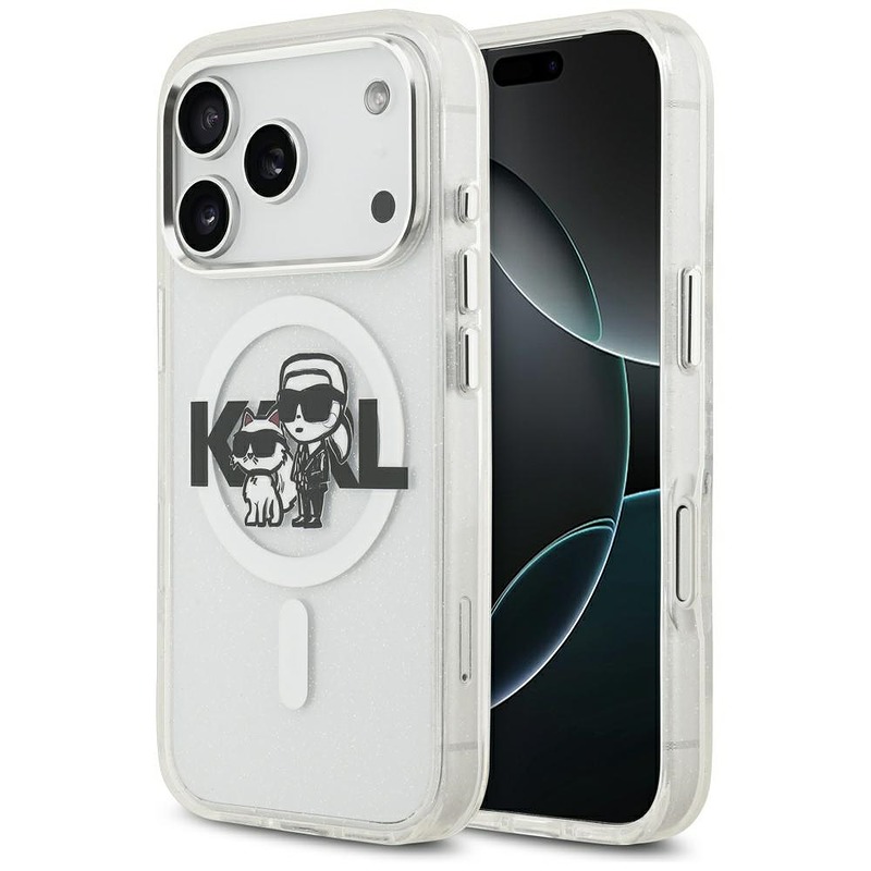 Karl Lagerfeld case Magsafe IML glitter case metal camera frame and buttons Karl and Choupette sketch logo for iPhone 17 Pro clear