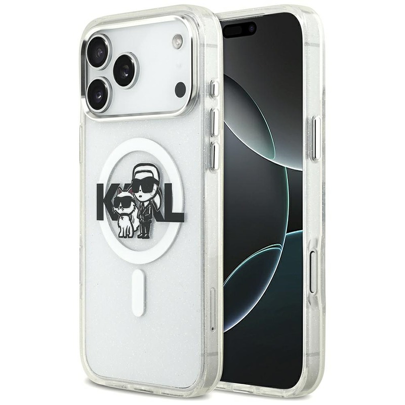 Karl Lagerfeld case Magsafe IML glitter case metal camera frame and buttons Karl and Choupette sketch logo for iPhone 17 Pro Max clear