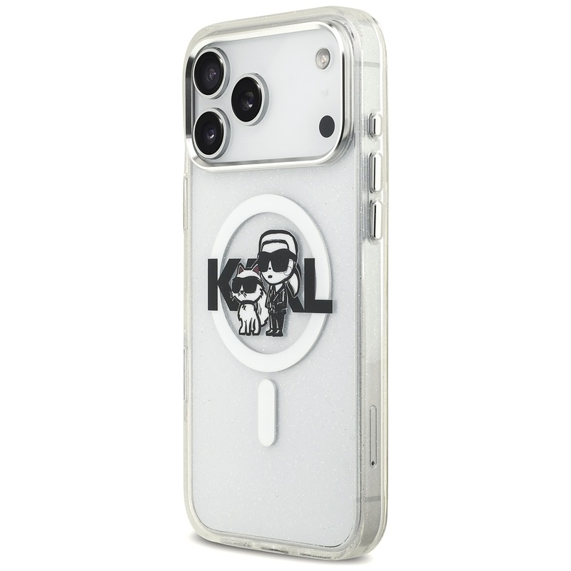 Karl Lagerfeld case Magsafe IML glitter case metal camera frame and buttons Karl and Choupette sketch logo for iPhone 17 Pro Max clear - Billede 2