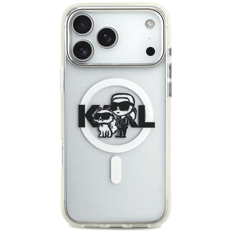 Karl Lagerfeld case Magsafe IML glitter case metal camera frame and buttons Karl and Choupette sketch logo for iPhone 17 Pro Max clear - Billede 3