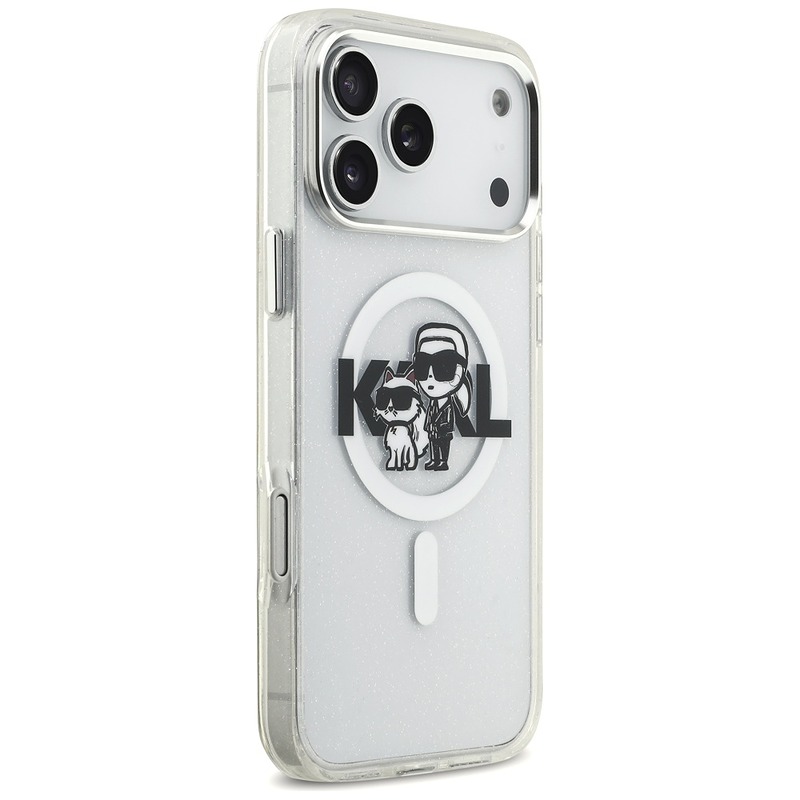 Karl Lagerfeld case Magsafe IML glitter case metal camera frame and buttons Karl and Choupette sketch logo for iPhone 17 Pro Max clear - Billede 4