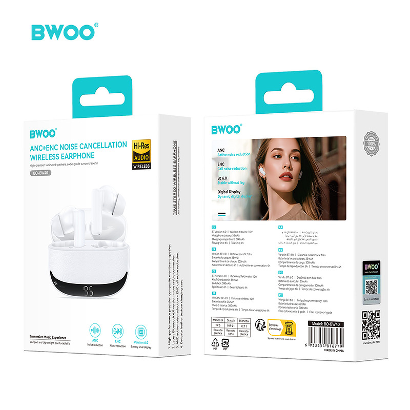 BWOO Bluetooth earphones BW40 TWS ANC with LCD display white - Billede 5