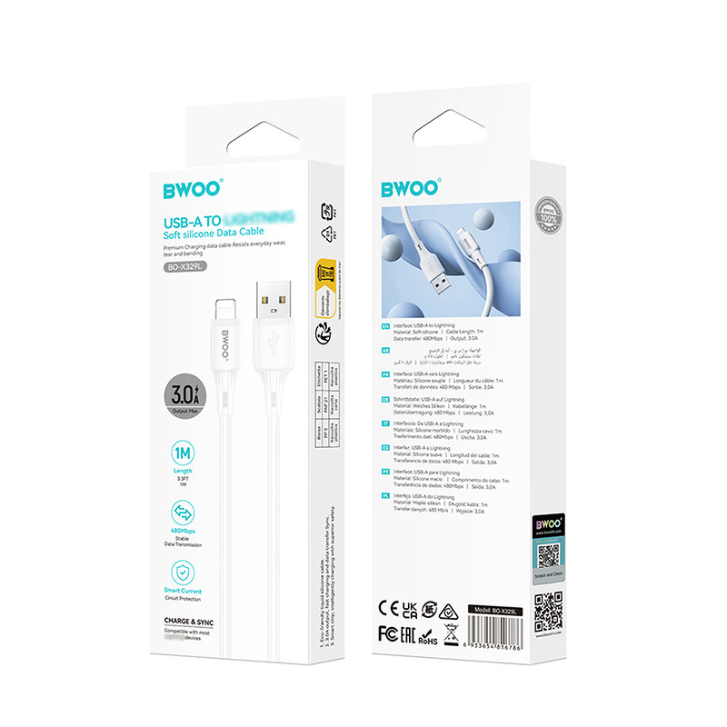 BWOO 3A silicone cable X329L usb - lightning 3A 1m white - Billede 4