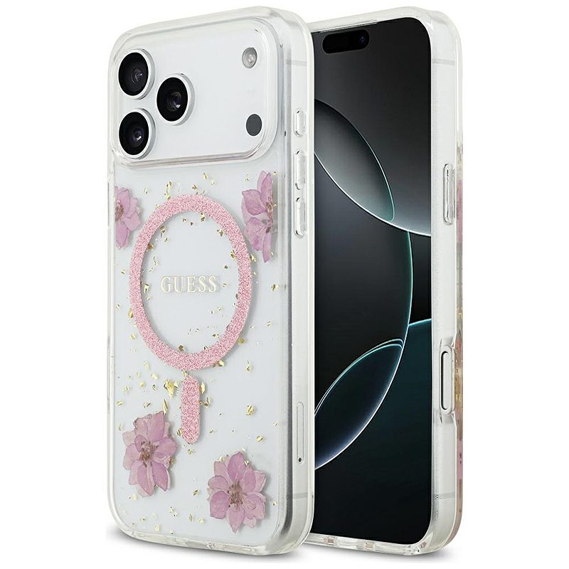 Guess Resin Flowers Glitter MagSafe case for iPhone 17 Pro Max pink