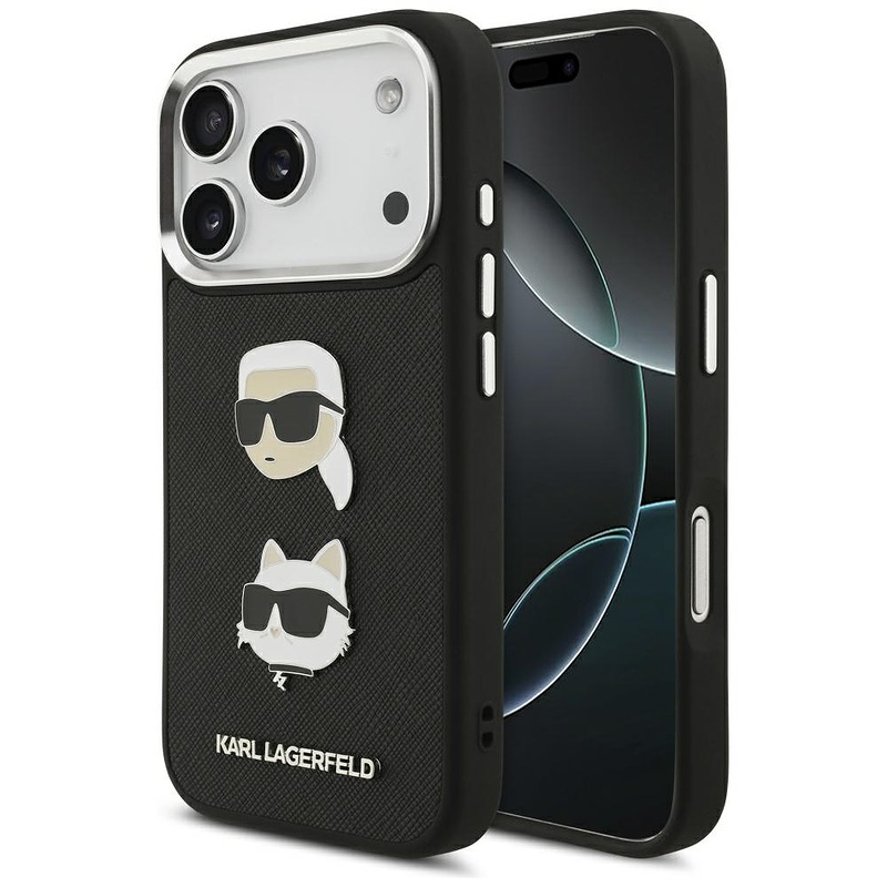 Karl Lagerfeld FW Grained Karl & Choupette Heads Pins & Logo case for iPhone 17 Pro black