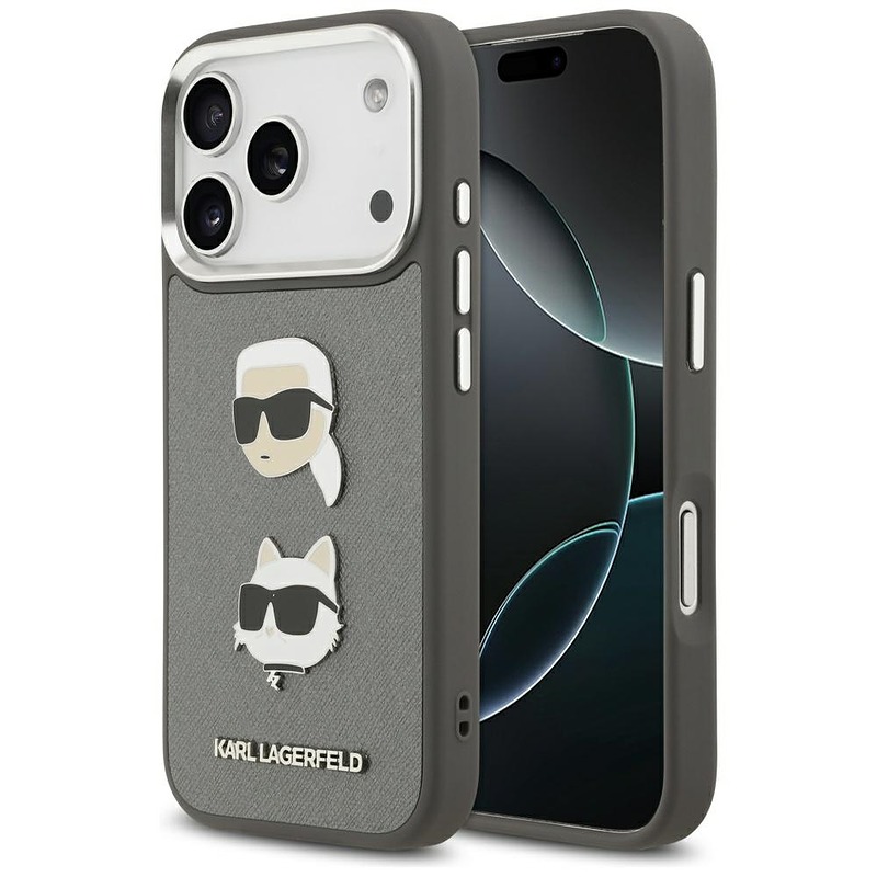 Karl Lagerfeld FW Grained Karl & Choupette Heads Pins & Logo case for iPhone 17 Pro grey