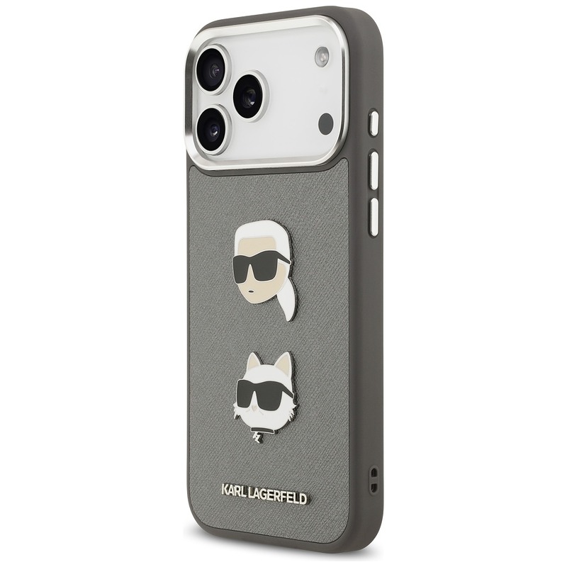 Karl Lagerfeld FW Grained Karl & Choupette Heads Pins & Logo case for iPhone 17 Pro Max grey - Billede 2