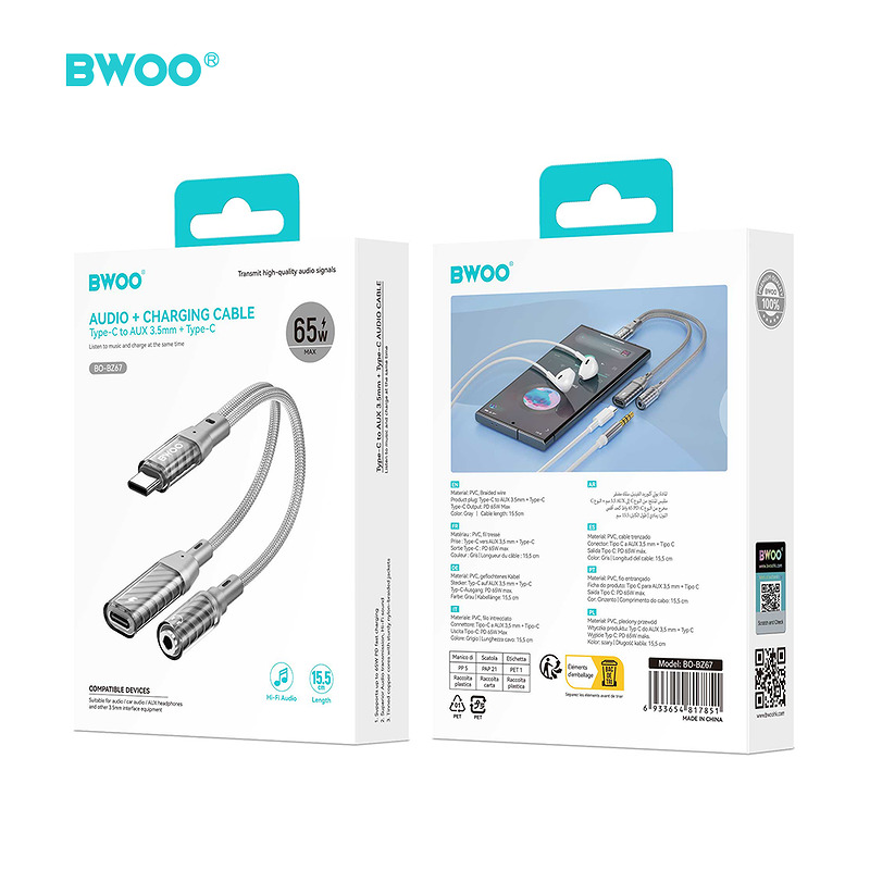 BWOO 2 in 1 Adapter Type C to Type C /3.5MM Jack BZ67 - Billede 5