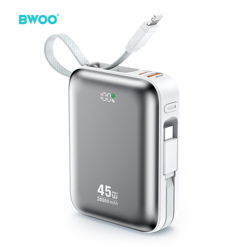 BWOO 20000mAh Fast Charging Power Bank PD45W With 2 Cables Type C and Lightning P78 silver