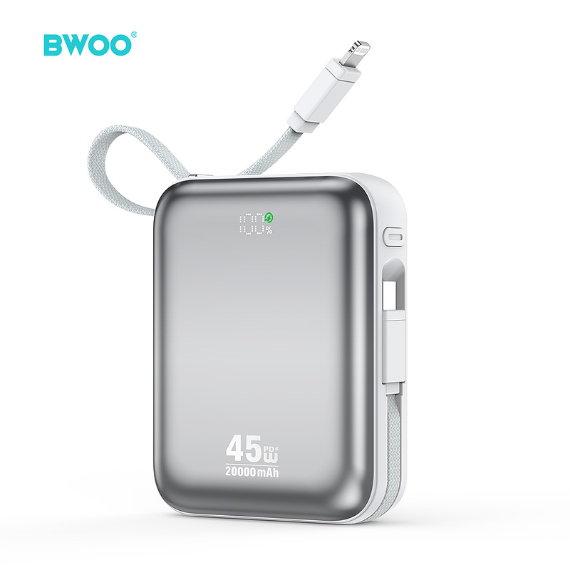 BWOO 20000mAh Fast Charging Power Bank PD45W With 2 Cables Type C and Lightning P78 silver - Billede 2