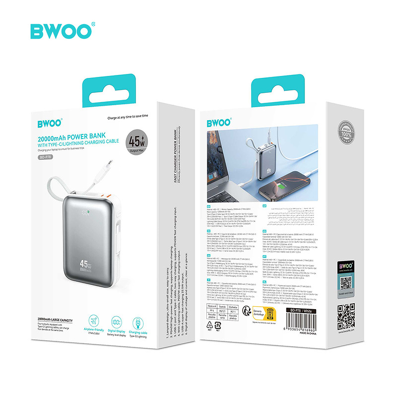 BWOO 20000mAh Fast Charging Power Bank PD45W With 2 Cables Type C and Lightning P78 silver - Billede 3