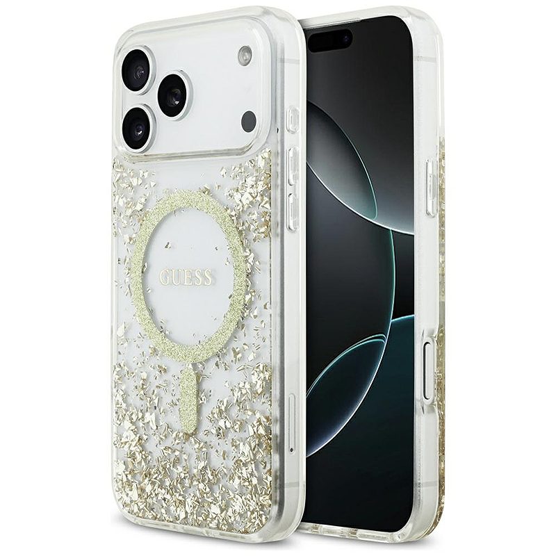 Guess Resin Bottom Glitter MagSafe case for iPhone 17 Pro Max złoty