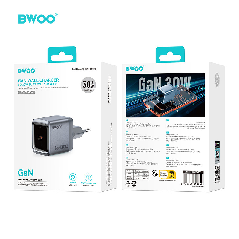 BWOO BO-CDA236 GaN wall charger 1xUSB-C 3A PD 30W grey with PPS - Billede 5