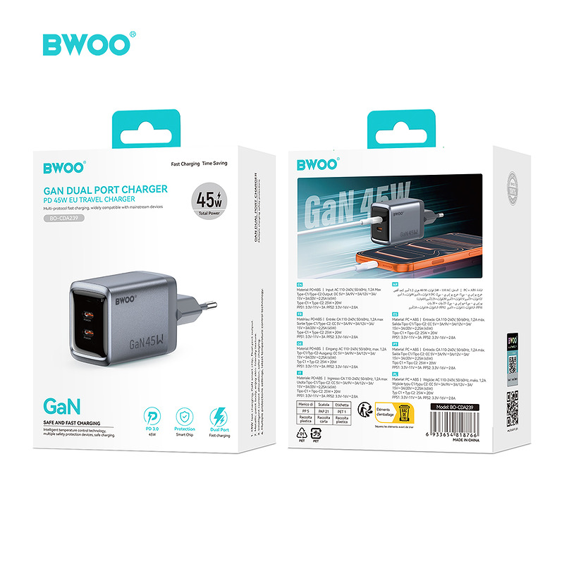 BWOO BO-CDA239 wall charger 2xUSB-C 3A PD 45W grey with PPS - Billede 5