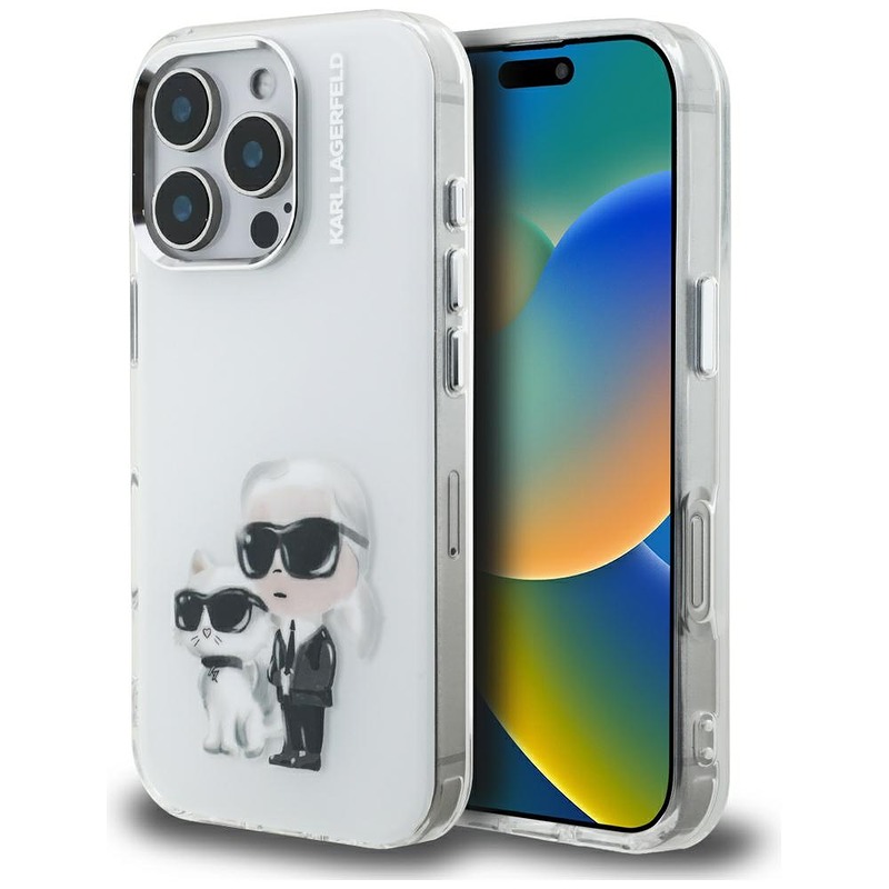 Etui Karl Lagerfeld IML Aquarelle Karl   & Choupette & Logo do iPhone 16 Pro biały