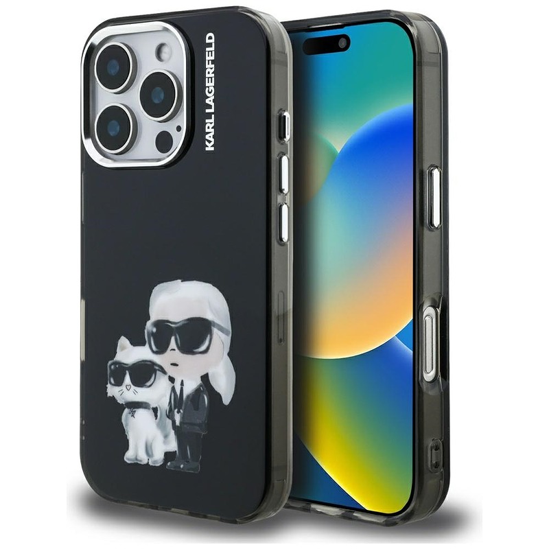 Etui Karl Lagerfeld IML Aquarelle Karl   & Choupette & Logo do iPhone 16 Pro czarny
