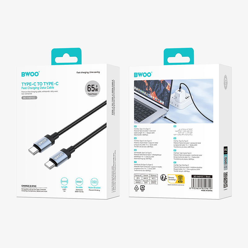 BWOO BO-X401CC braided cable USB-C - USB-C 1m PD 65W black - Billede 3