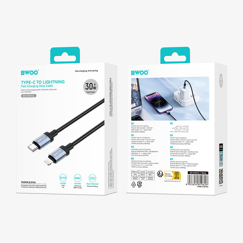 BWOO BO-X401CL braided cable USB-C - Lightning 1m PD 30W black - Billede 3
