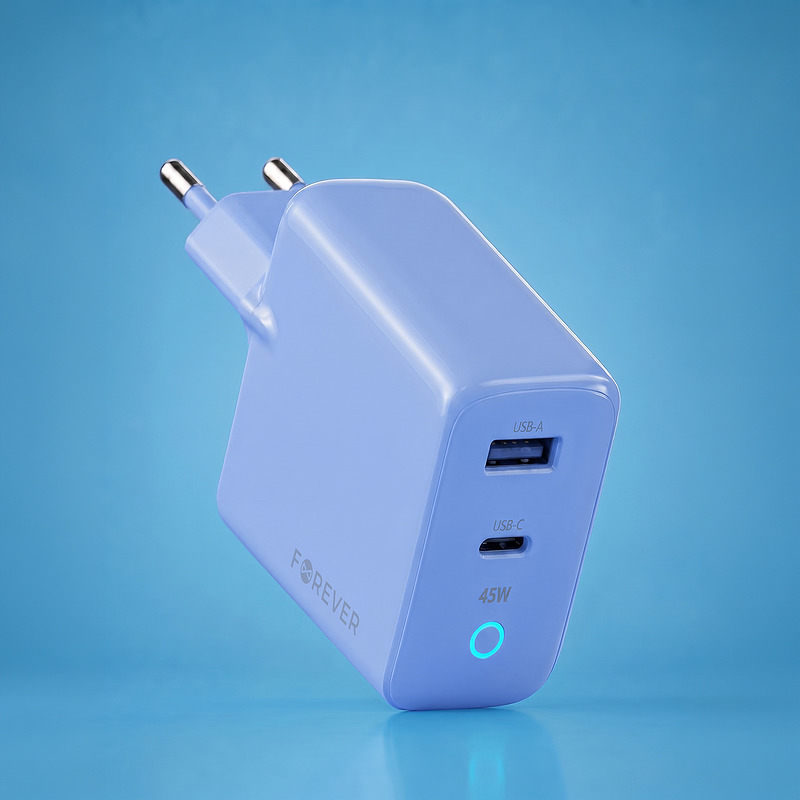Forever Vibe-TC45AC GaN PD QC charger 1x USB-C 1x USB 45W sky blue - Billede 3